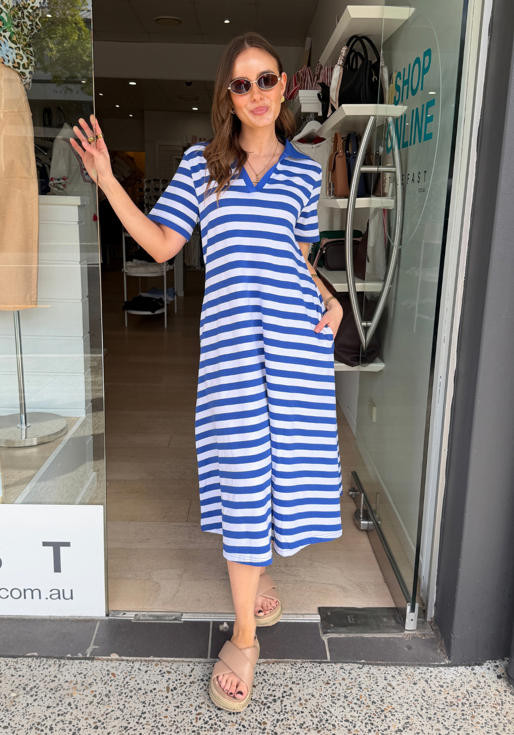 BROOKE COTTON JERSEY MIDI DRESS - COBALT & WHITE STRIPE