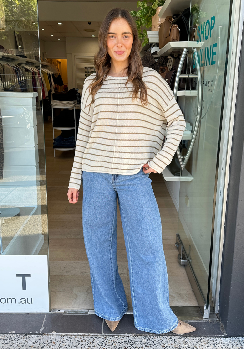 INDI LIGHTWEIGHT L/S KNIT TOP - OATMEAL/SAGE STRIPE