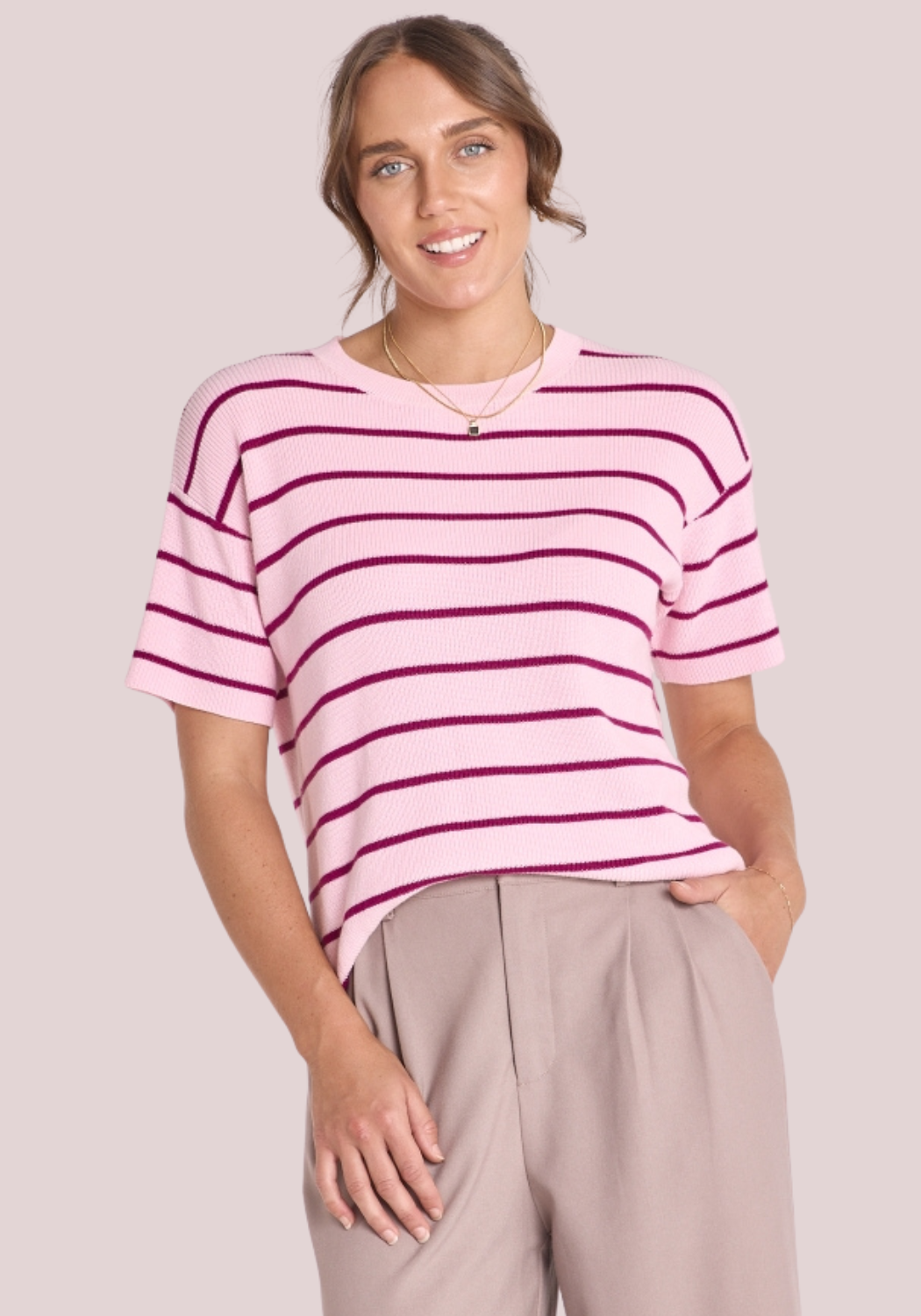 FEATHER + NOISE JASPER KNITTED TEE - PINK & BURGUNDY