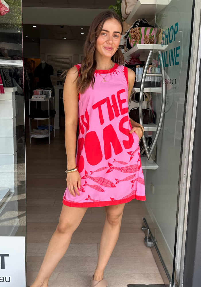 ON THE COAST MINI SHIFT DRESS - RED/PINK PRINT
