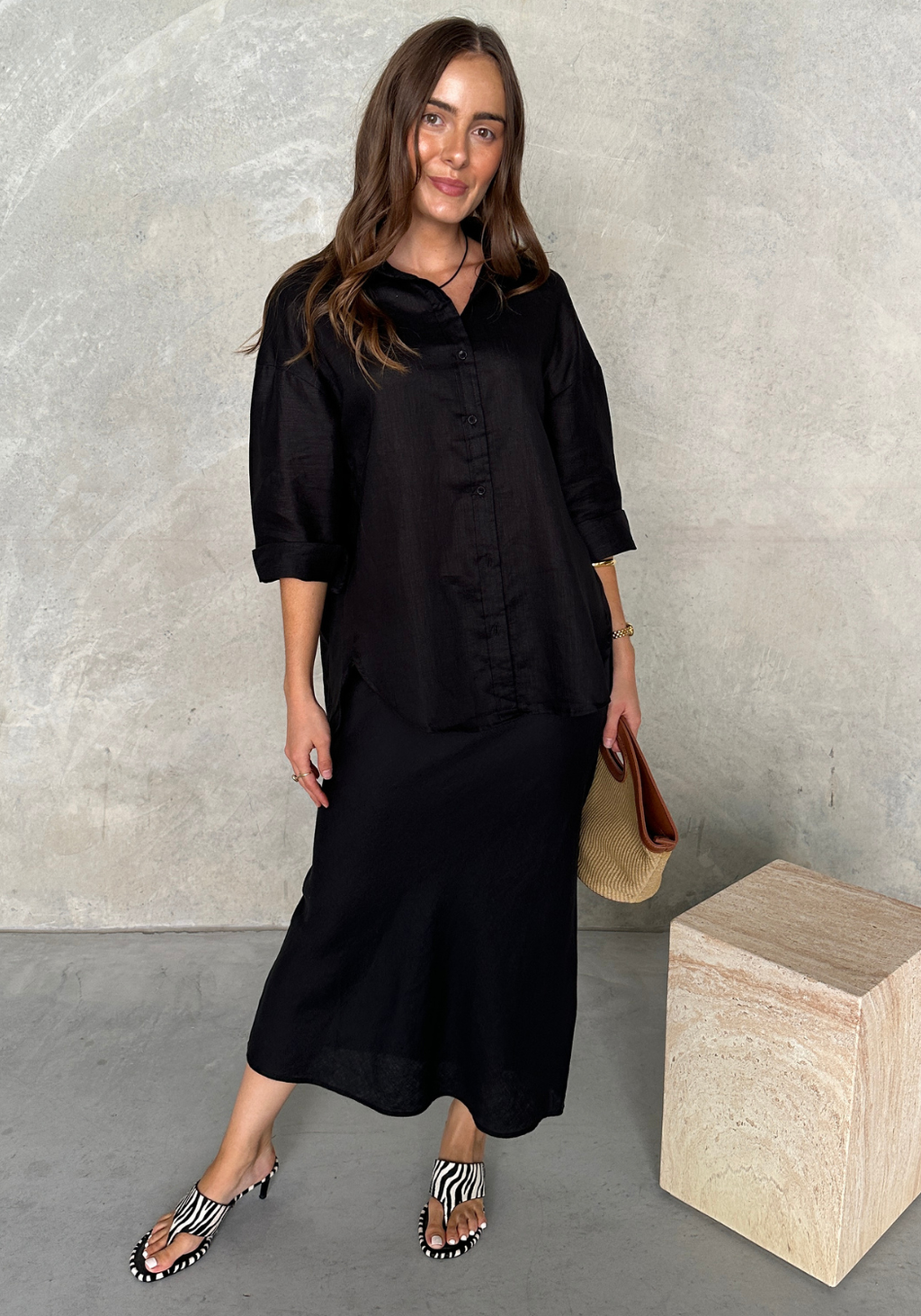 SABINE LINEN SLIP SKIRT - BLACK