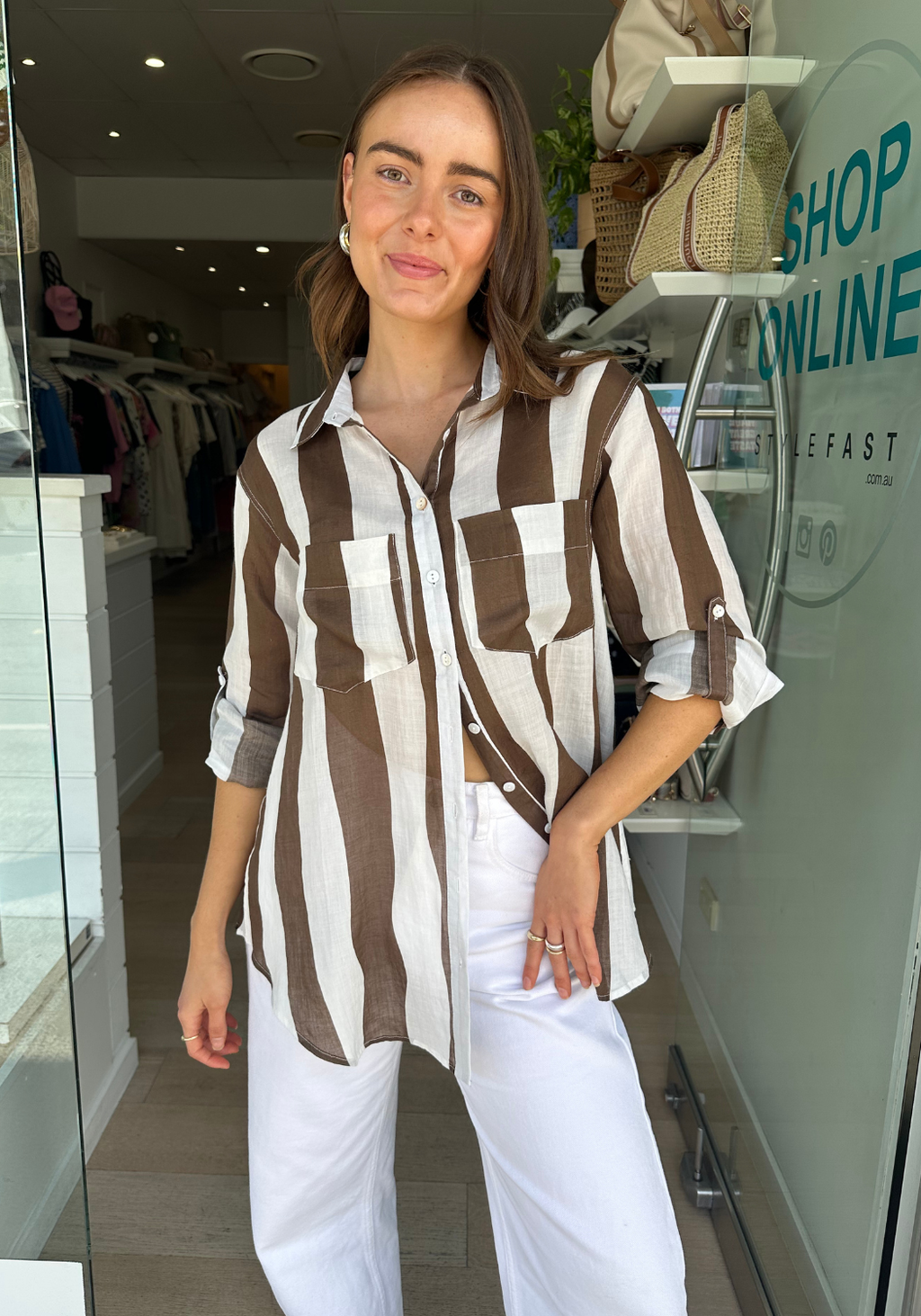 SHAE BUTTON THROUGH SHIRT - CHOCOLATE & WHITE STRIPE
