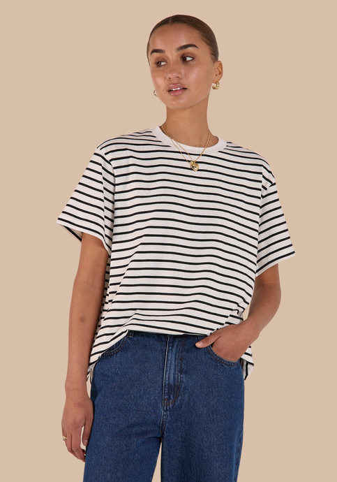FEATHER + NOISE CARTER TEE - BLACK AND WHITE STRIPE