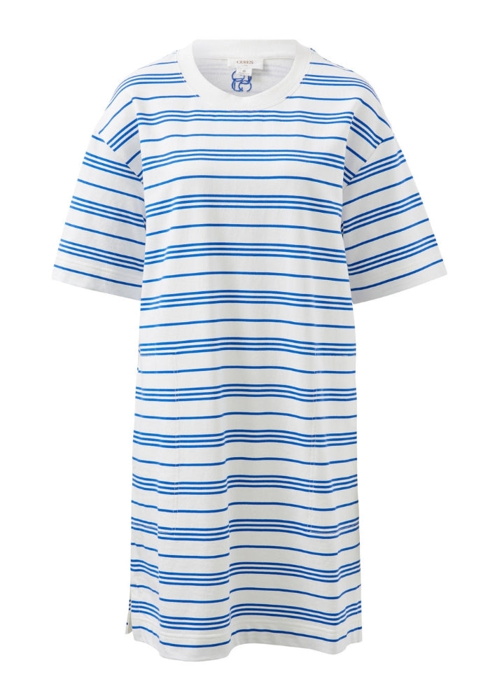 CERES LIFE CLEO MINI TERRY DRESS - WHITE & AZURE STRIPE