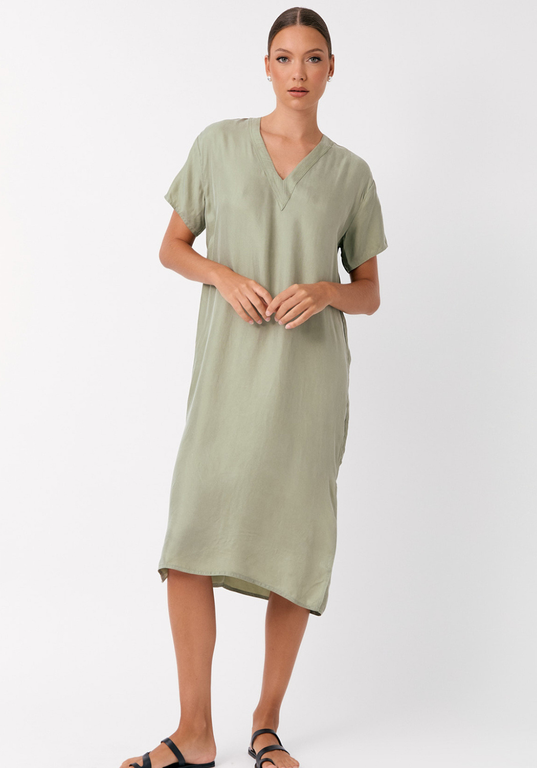 ADORNE GEORGIA V NECK CUPRO MIDI DRESS - KHAKI