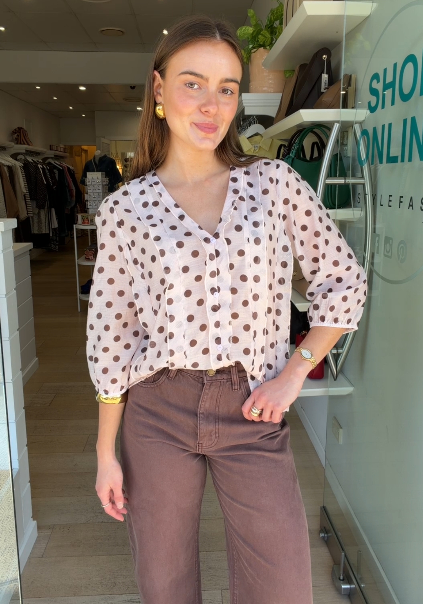PHOEBE BLOUSE - PINK/ CHOCOLATE SPOT