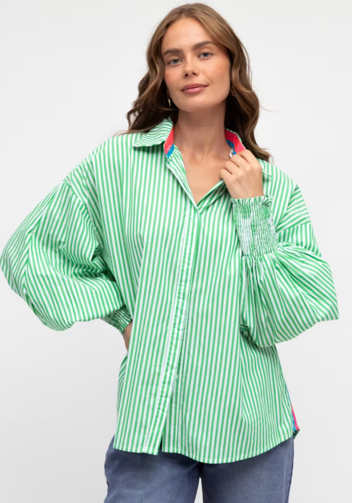 BONNIE BUTTON THROUGH BLOUSE - GREEN STRIPE