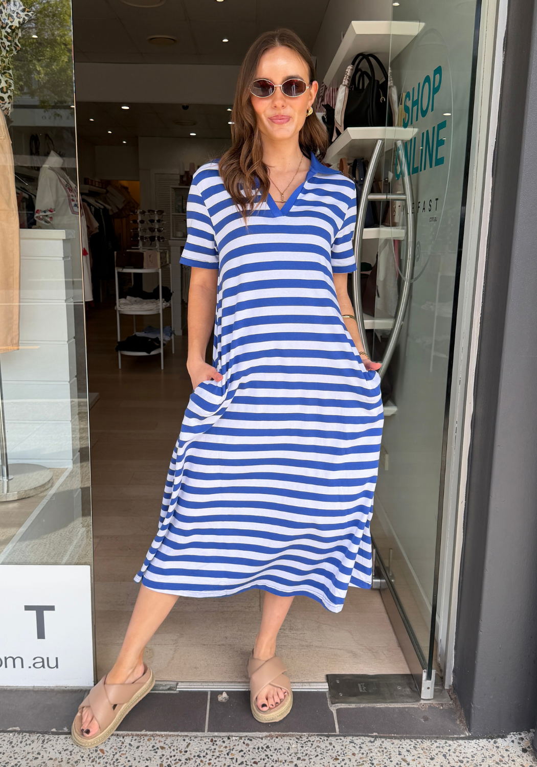 BROOKE COTTON JERSEY MIDI DRESS - COBALT & WHITE STRIPE