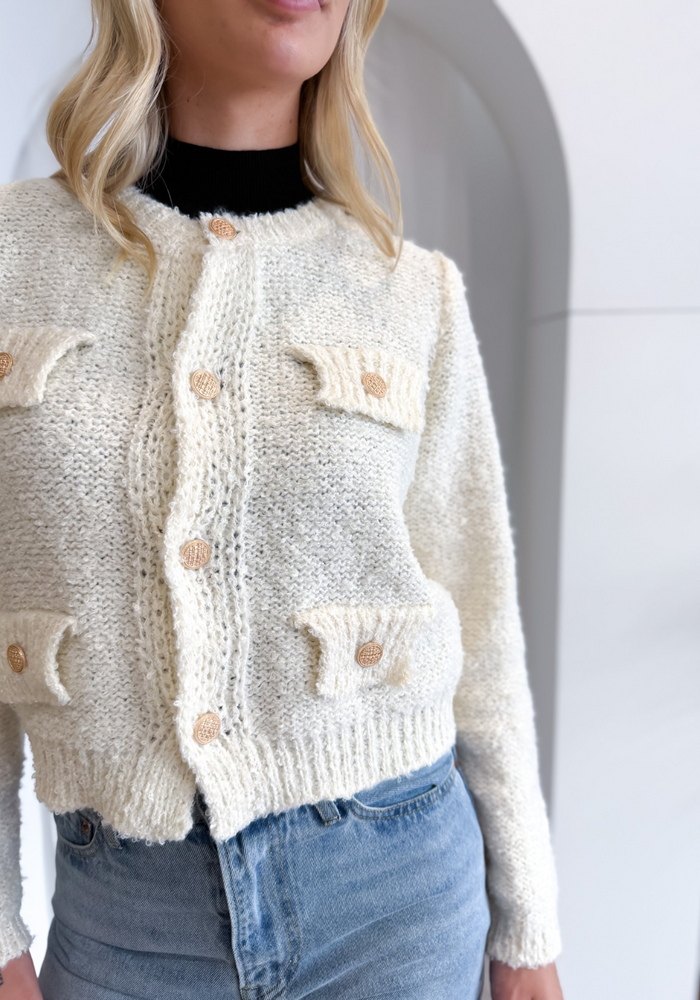 SADIE BOUCLE KNIT CARDIGAN - CREAM