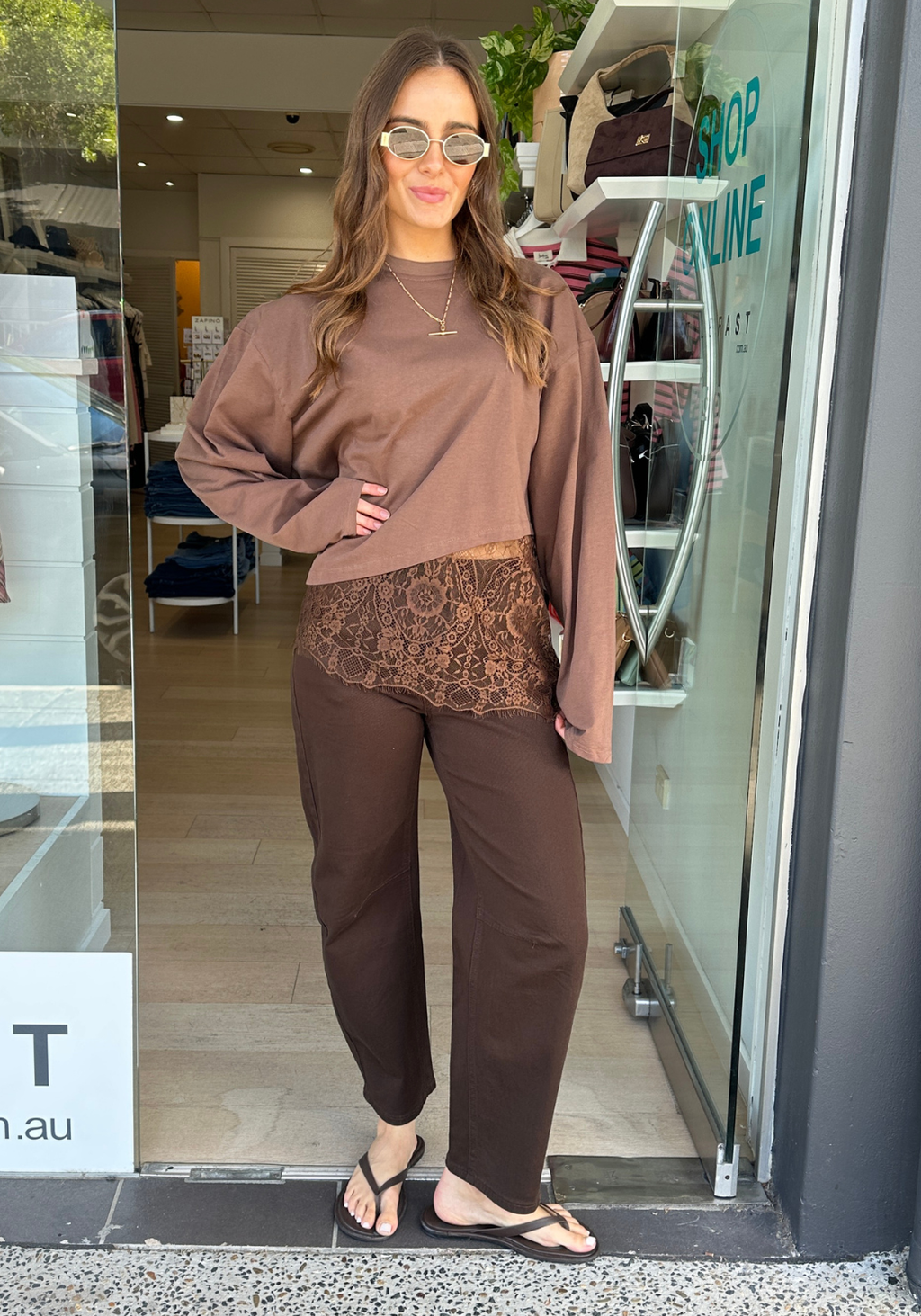 VALLY LACE DETAIL LONG SLEEVE TEE - CHOCOLATE