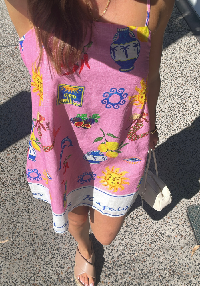 BY FRANKIE GREEK ISLAND MINI DRESS - PINK PRINT