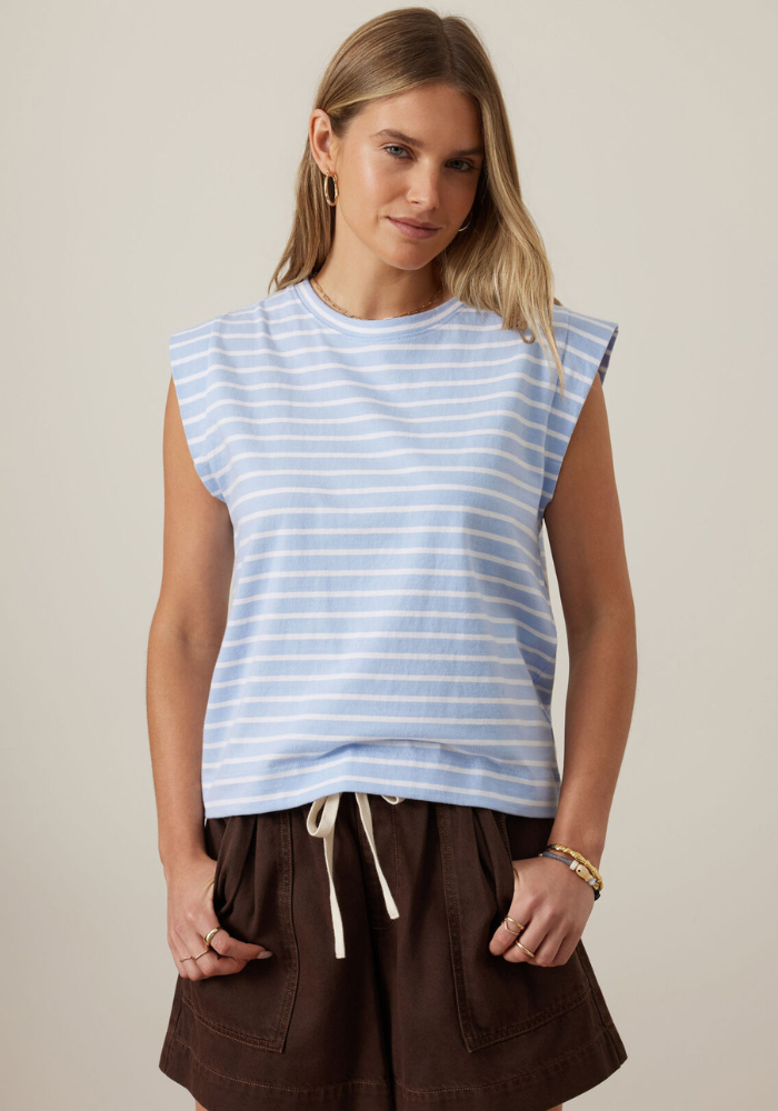 CERES LIFE ESME EXTENDED SHOULDER TEE - BLUE/WHITE STRIPE