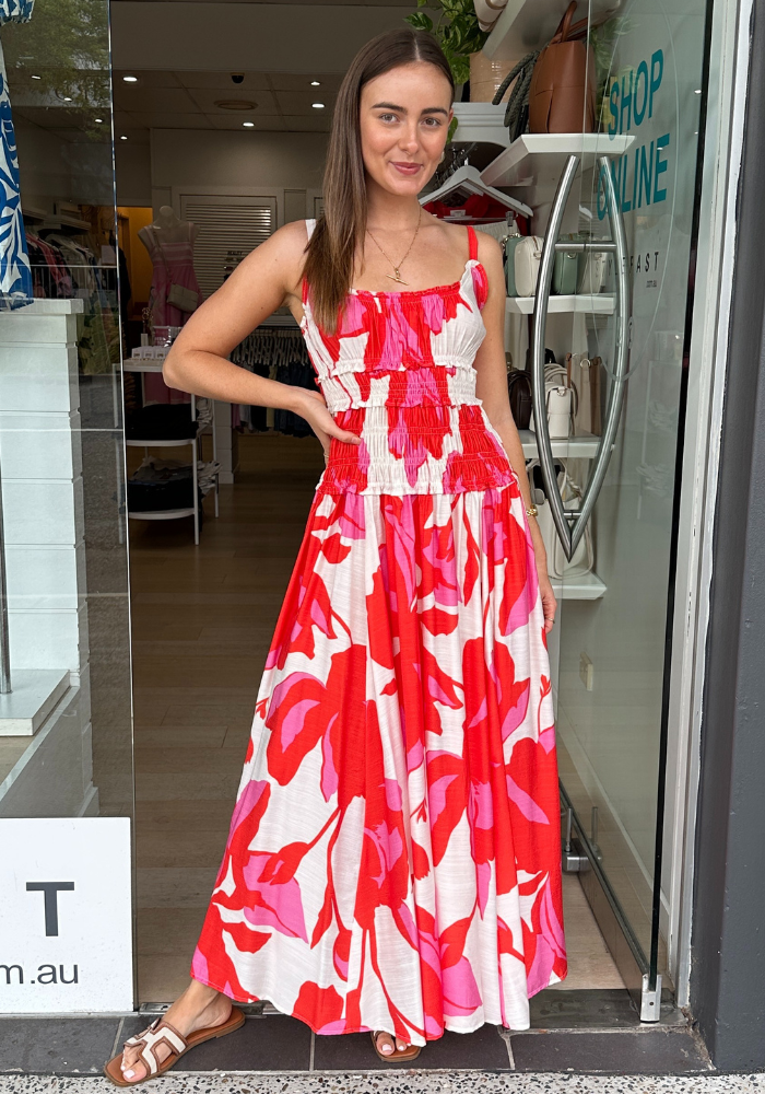 SIA SHIRRED MAXI DRESS - RED/PINK PRINT