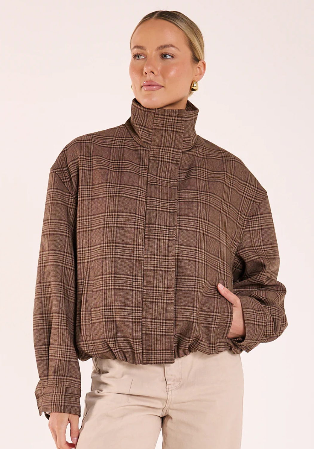 FEATHER + NOISE MEGAN BOMBER - BROWN CHECK
