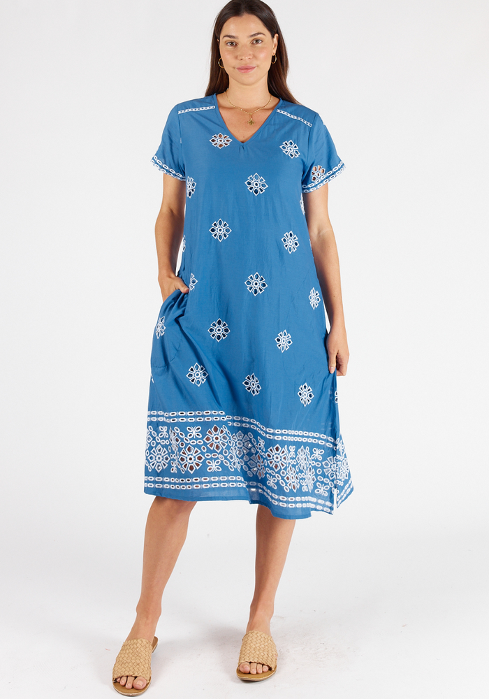 Load image into Gallery viewer, LULA SOUL COTTON ST LUCIA DRESS - BLUE ANGLAISE