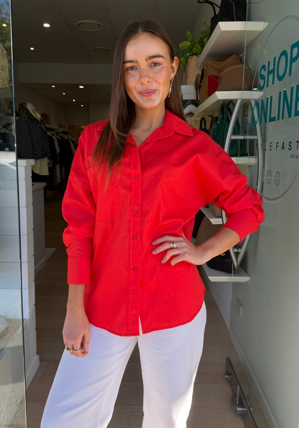 LUCY BUTTON THROUGH COTTON SHIRT - RED