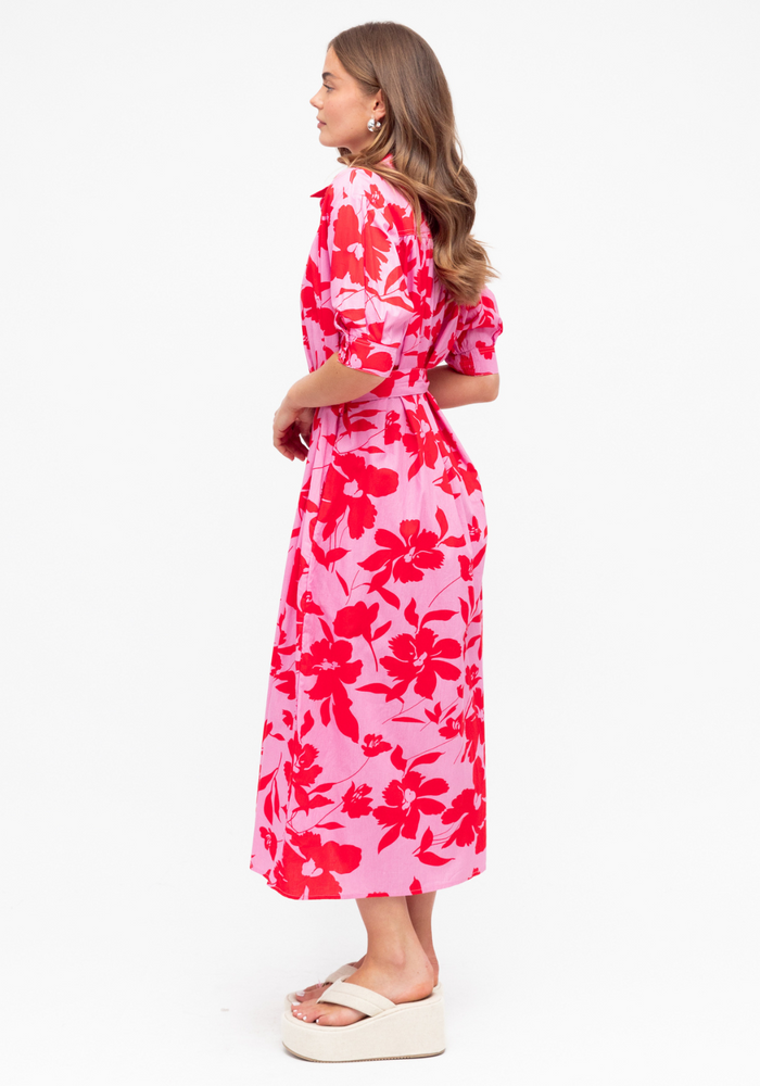 Load image into Gallery viewer, AVERY MIDI SHIRT DRESS - RED &amp; PINK PRINT