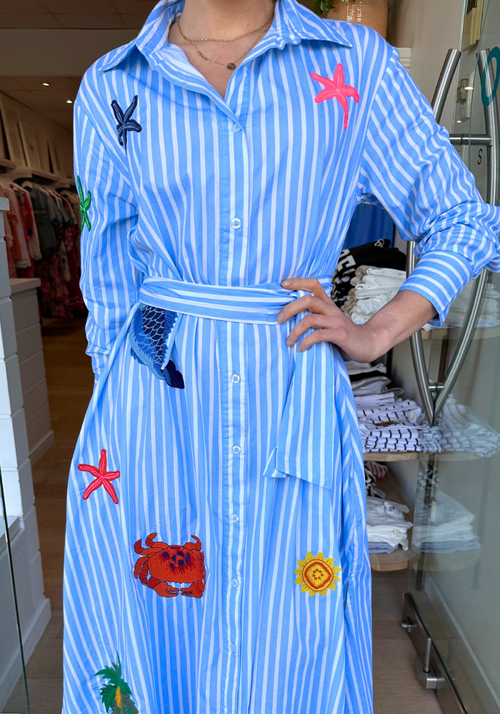 MALDIVES EMBROIDERED COTTON SHIRTDRESS - BLUE STRIPE