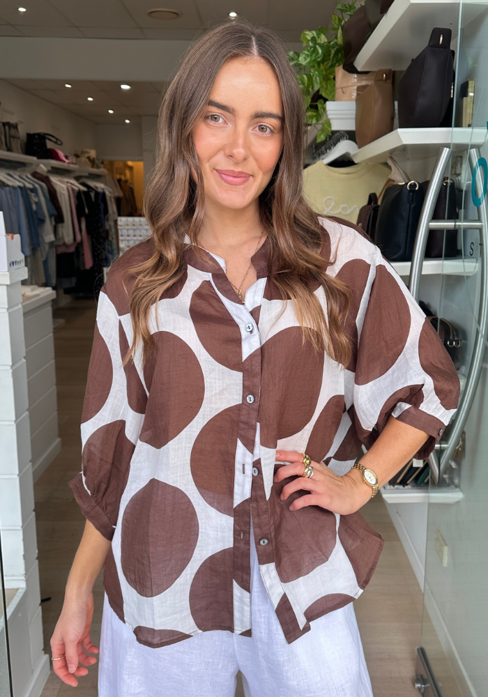 COCO BUTTON THROUGH LINEN SHIRT - CHOCOLATE SPOT