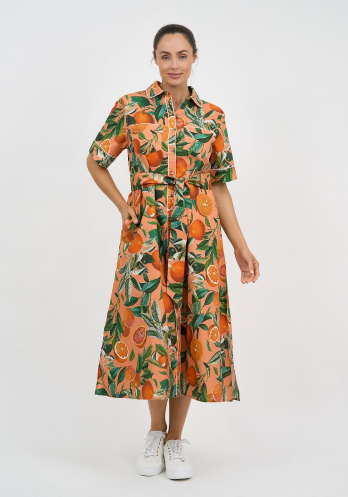 GREER A-LINE SHIRT DRESS - ORANGE PRINT