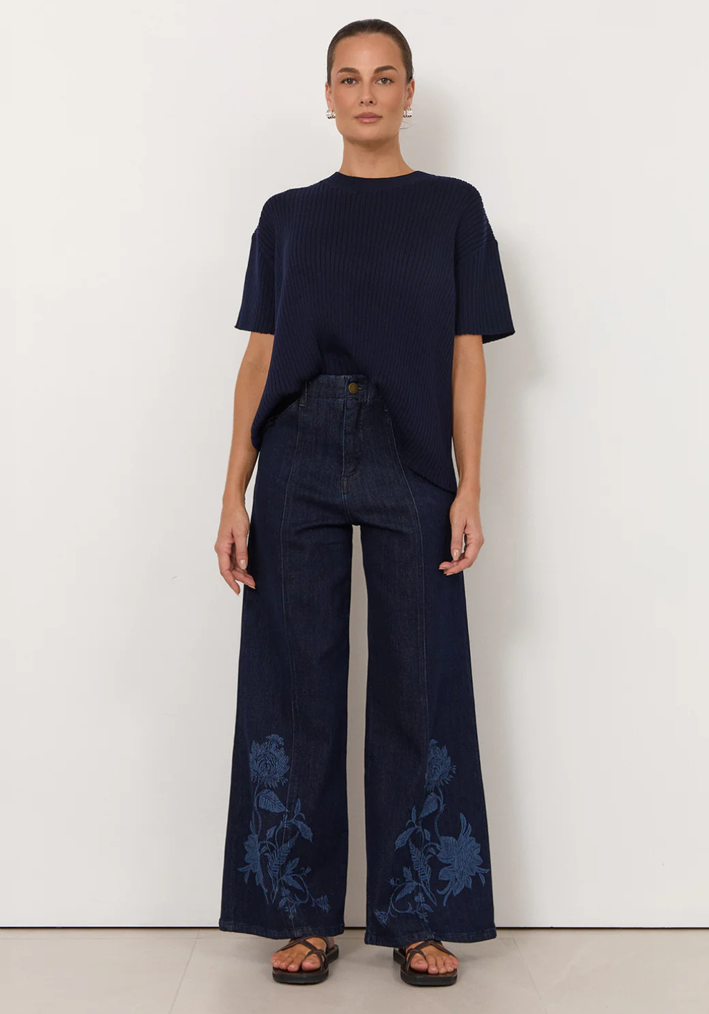 ADORNE BRODY WIDE LEG LASER PRINT PANT - DARK DENIM