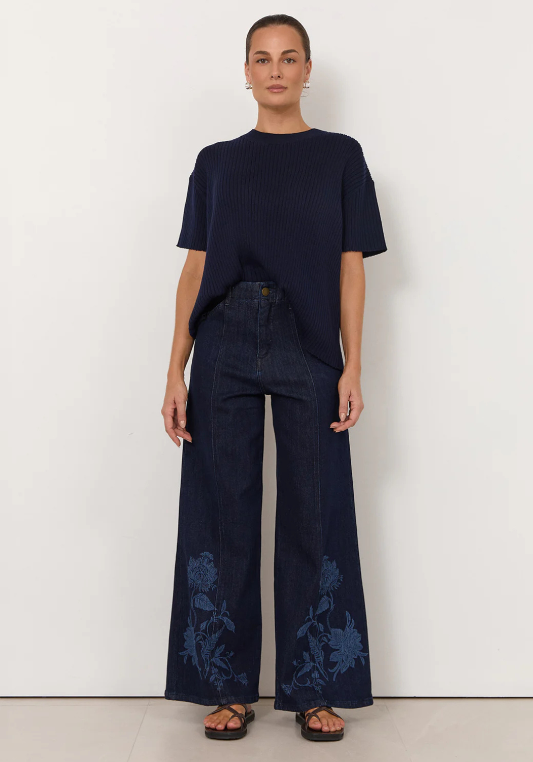 ADORNE BRODY WIDE LEG LASER PRINT PANT - DARK DENIM