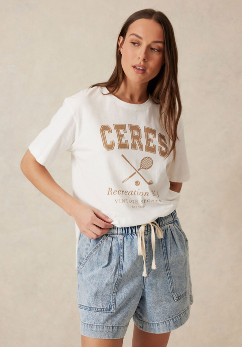 CERES LIFE SLOUCHY HEM TEE - ECRU TEXT