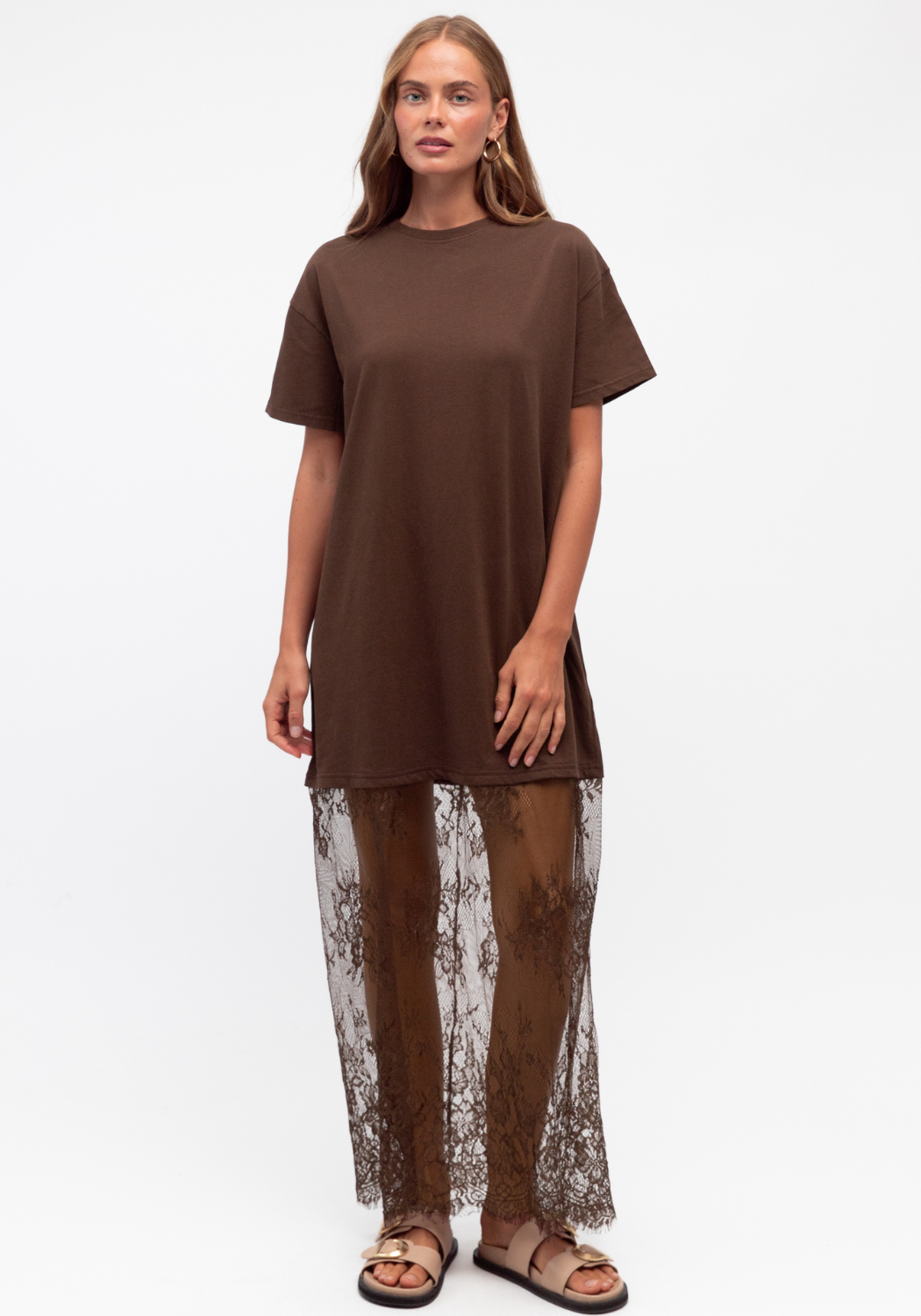 ANIKA LACE HEM TEE DRESS - CHOCOLATE