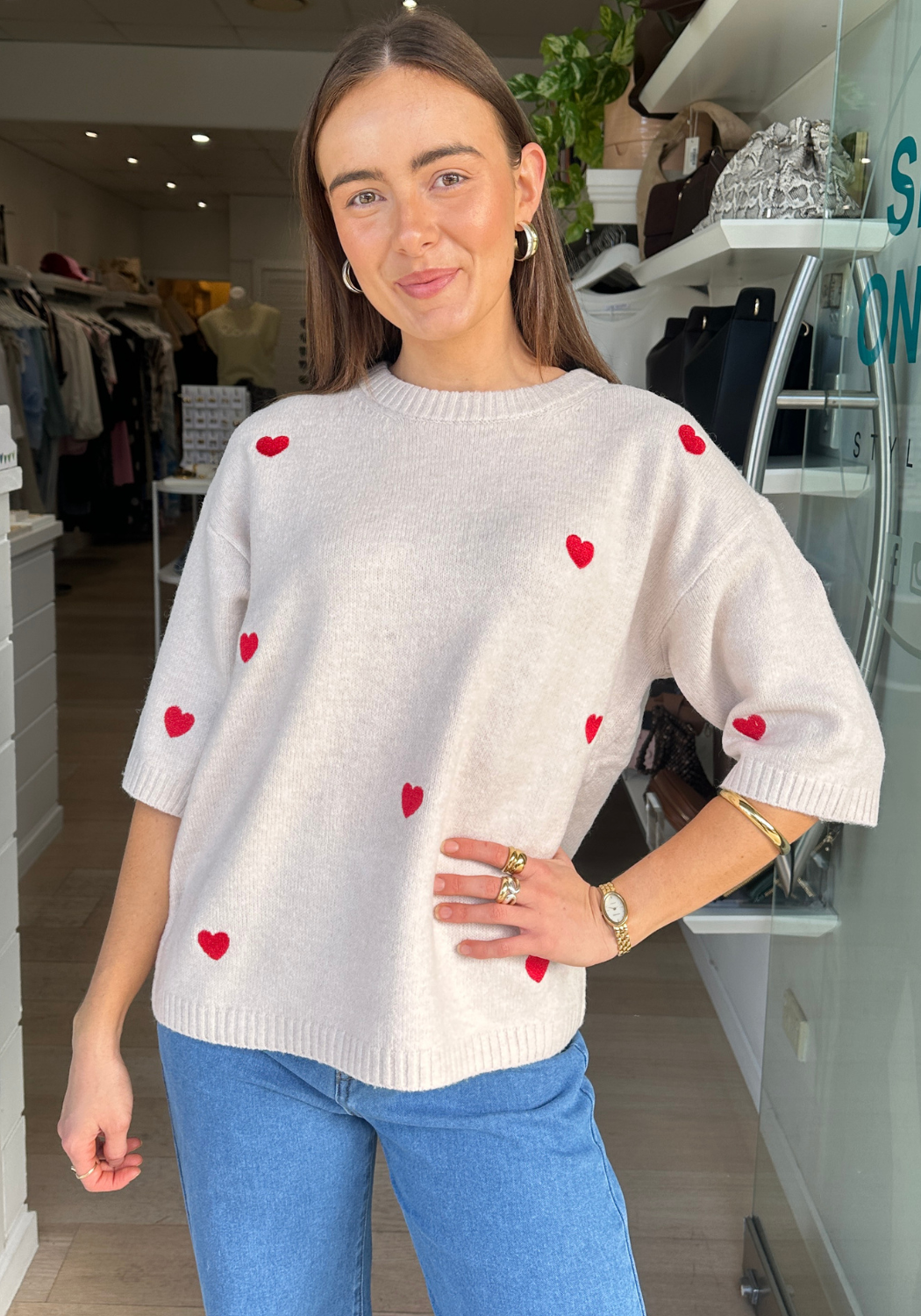 LOTTIE EMBROIDERED HEART KNIT - BEIGE
