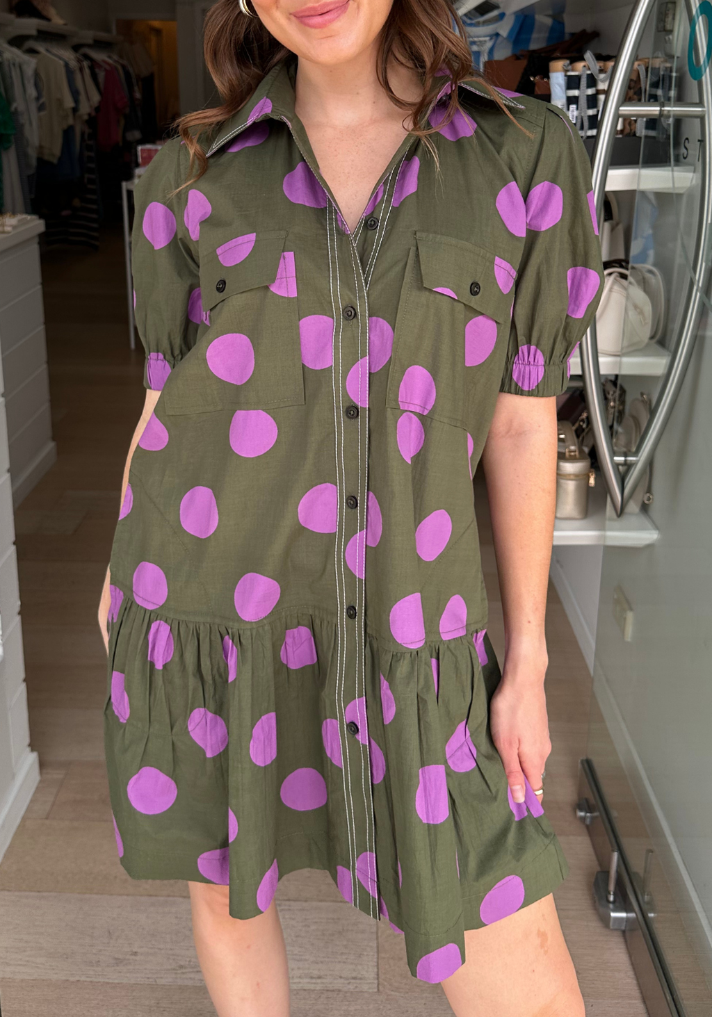 ITAMI SPOT BUTTON DRESS - KHAKI/PURPLE SPOT