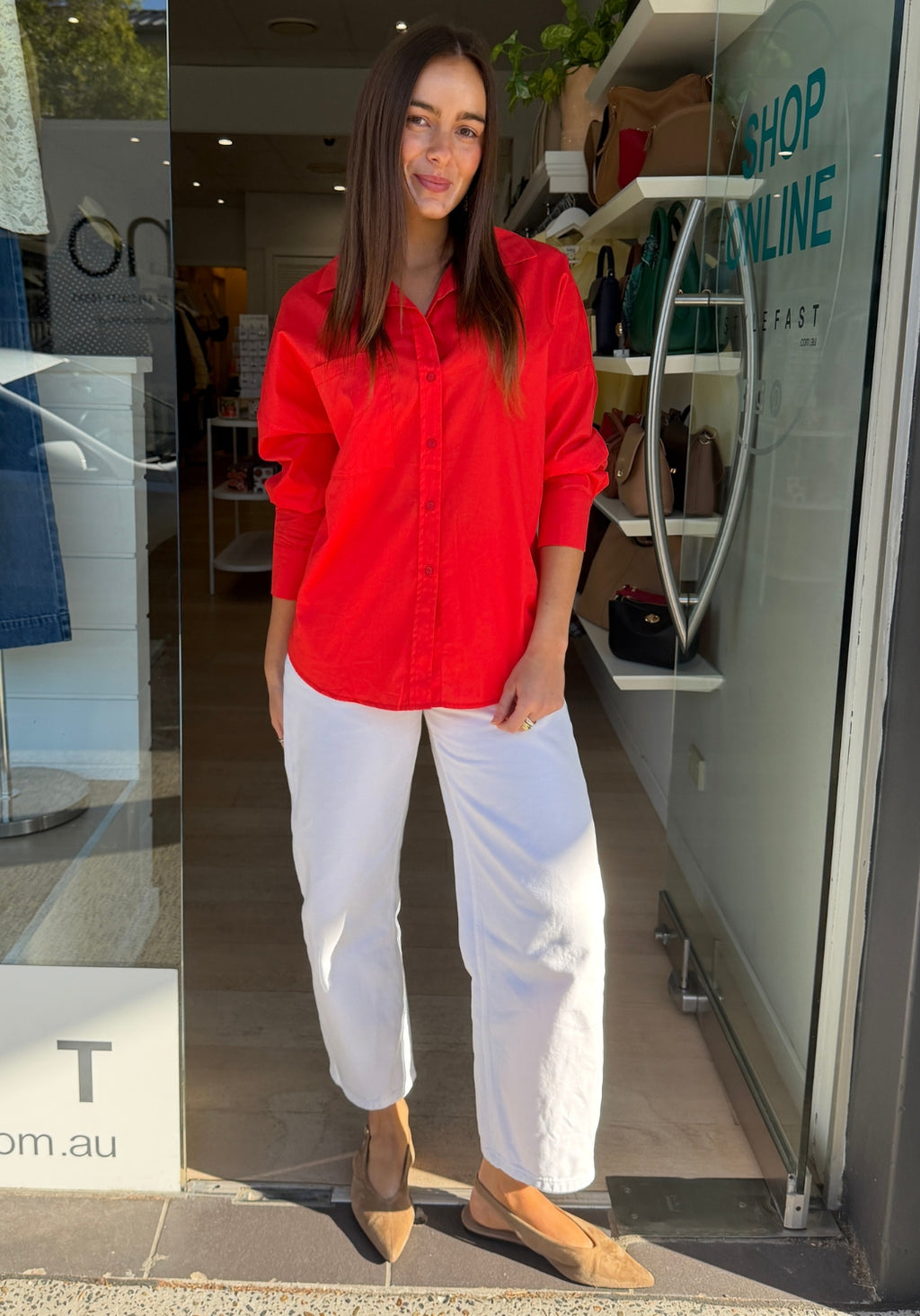 LUCY BUTTON THROUGH COTTON SHIRT - RED