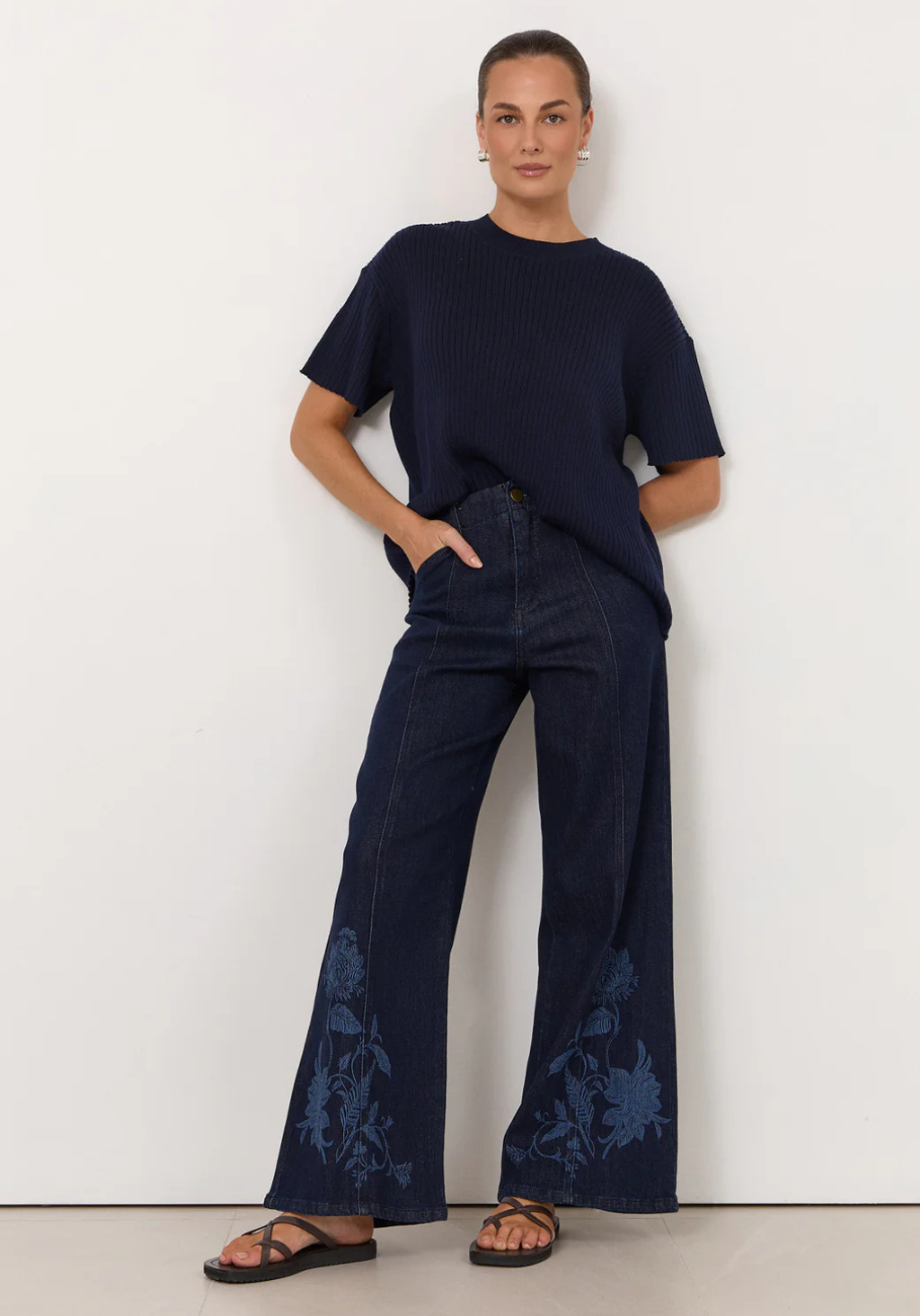 ADORNE BRODY WIDE LEG LASER PRINT PANT - DARK DENIM