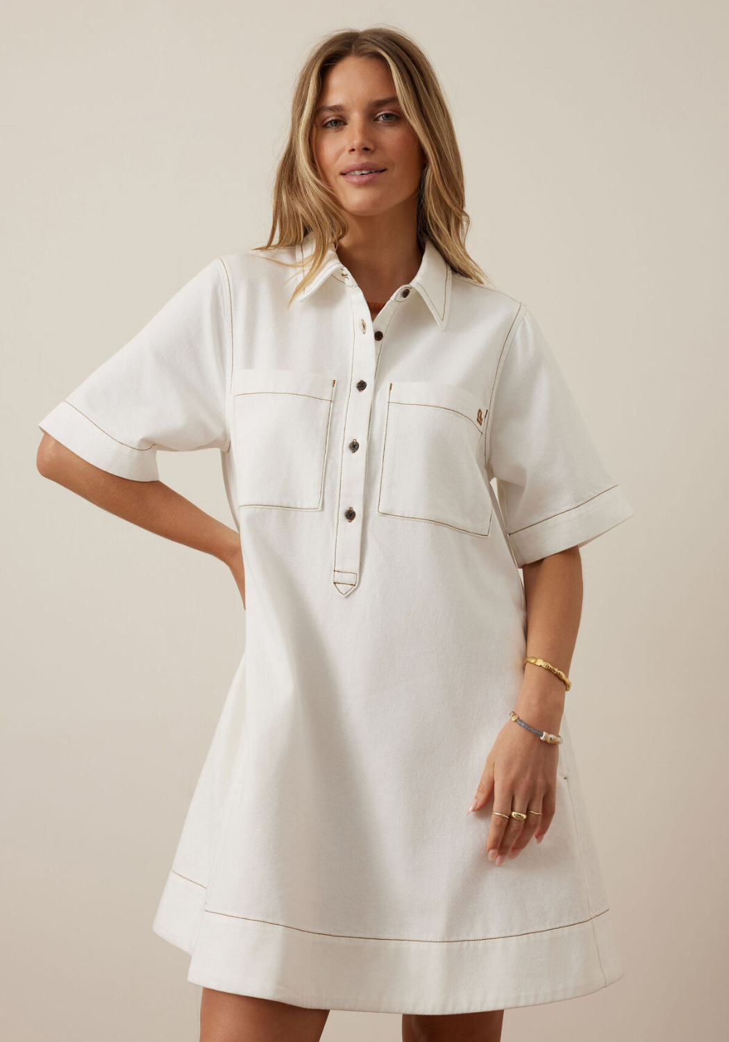 CERES LIFE MILLY SHORT SLEEVE MINI DRESS - FRESH ECRU