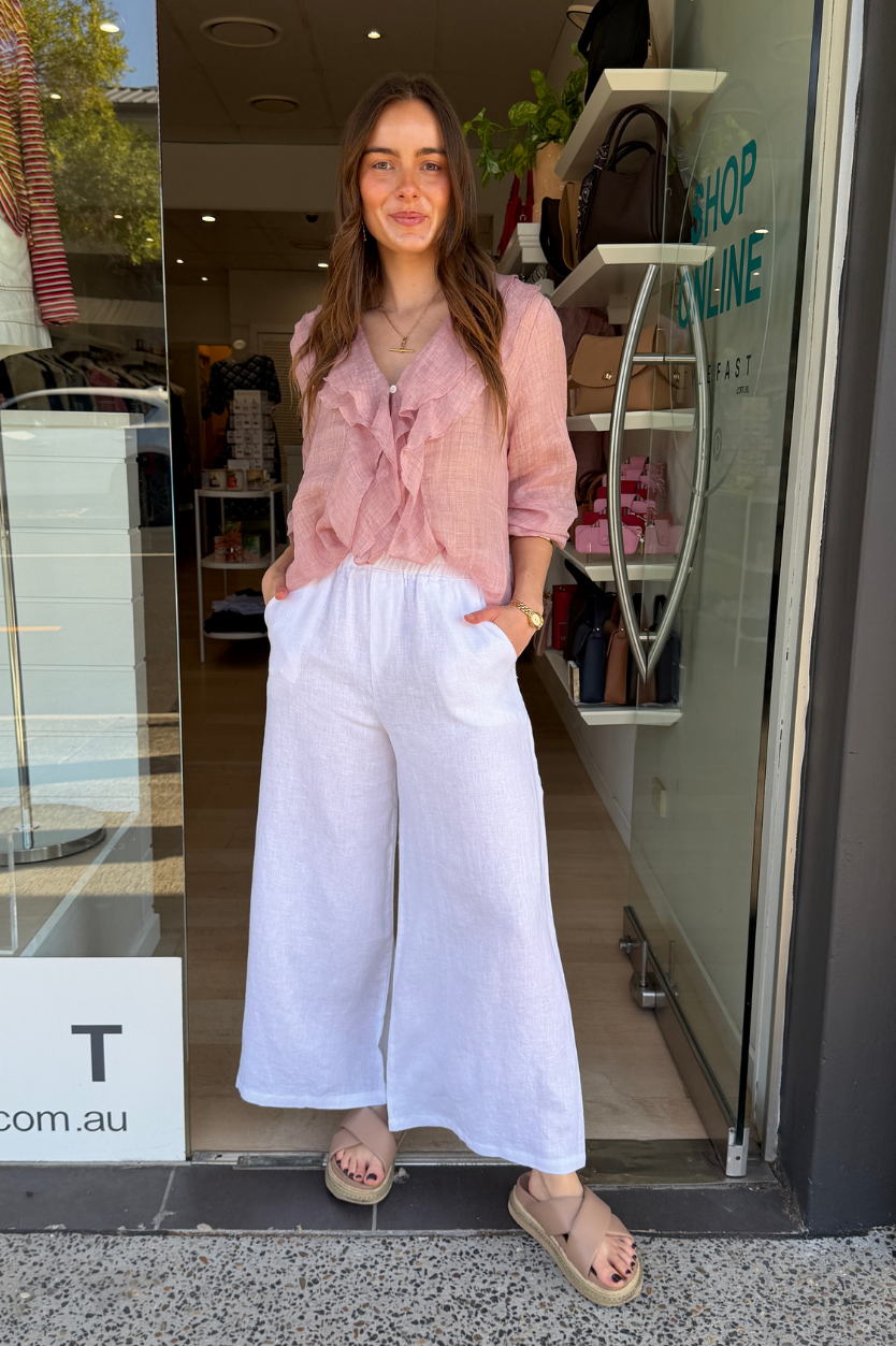 TINASHE WIDE LEG LINEN PANT - WHITE