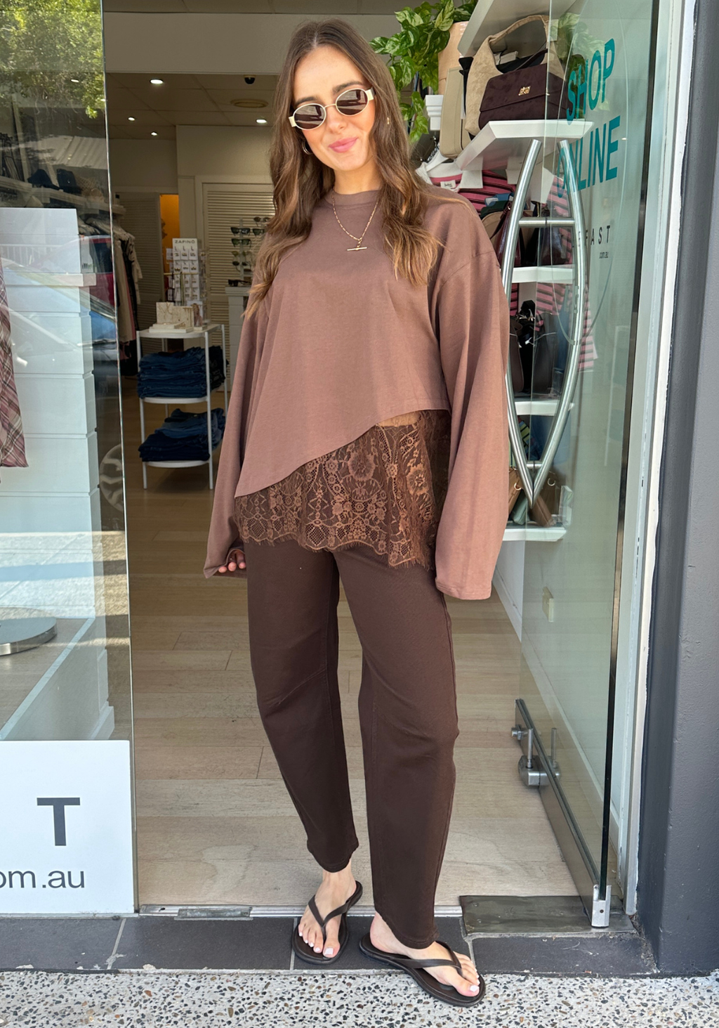 VALLY LACE DETAIL LONG SLEEVE TEE - CHOCOLATE