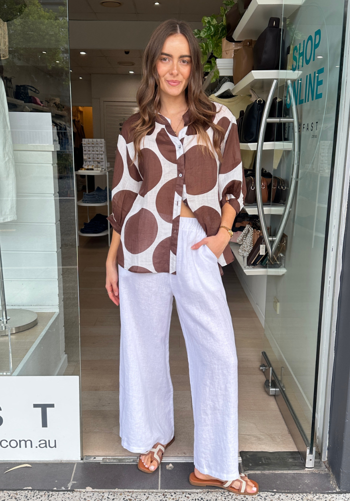 COCO BUTTON THROUGH LINEN SHIRT - CHOCOLATE SPOT