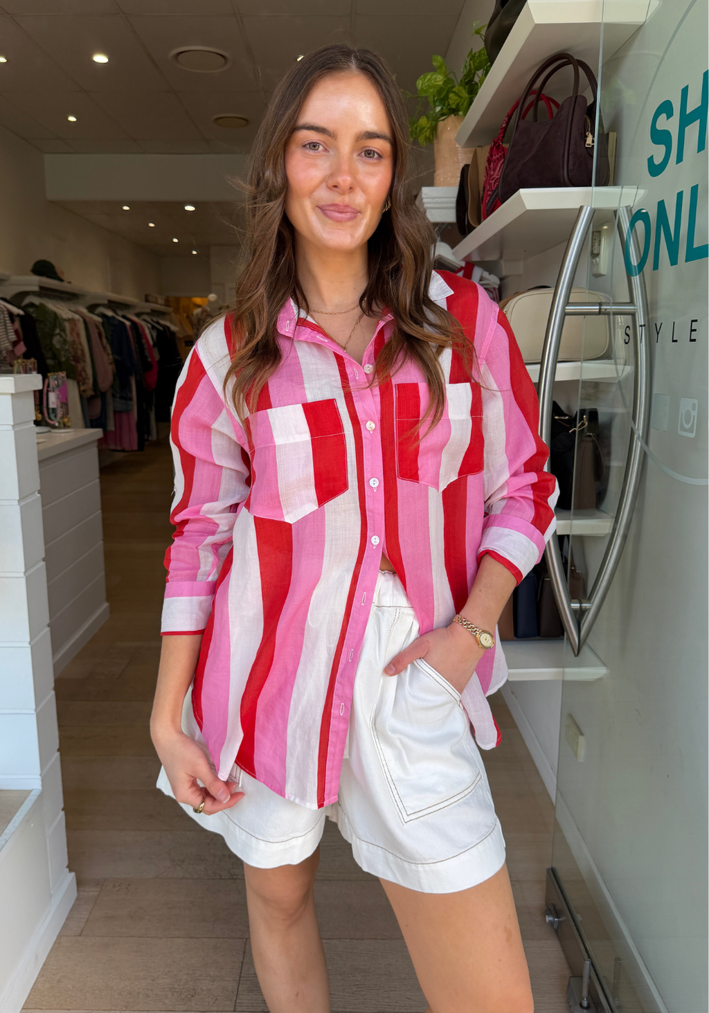 SHAE LINEN SHIRT - PINK/RED STRIPE