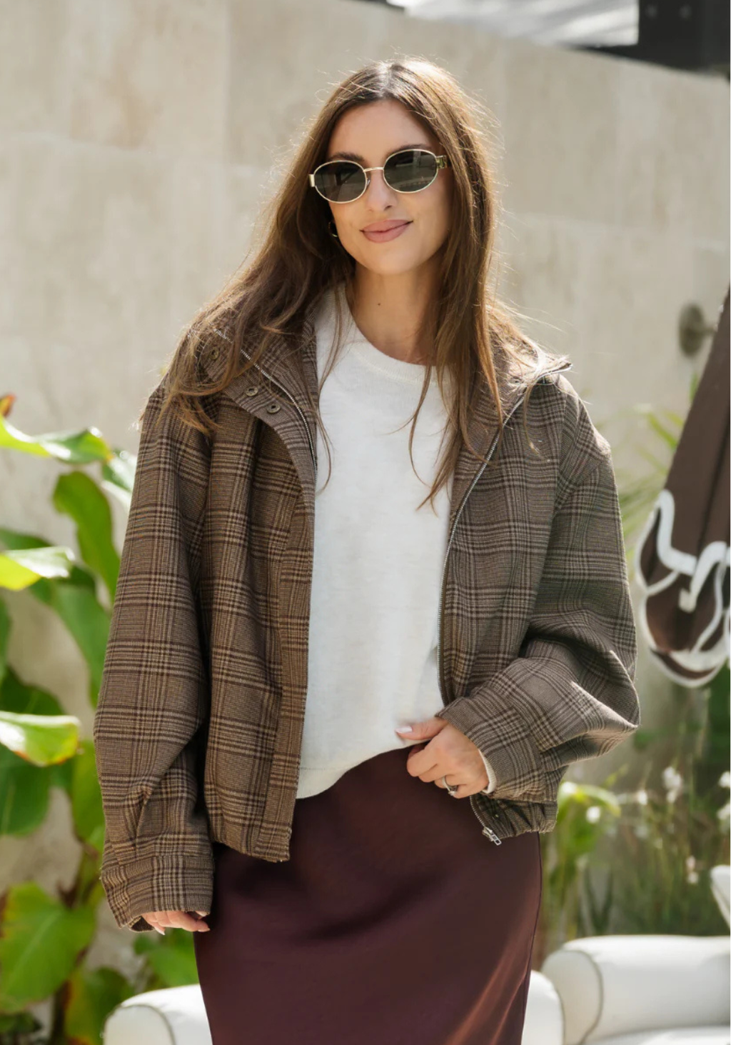 FEATHER + NOISE MEGAN BOMBER - BROWN CHECK