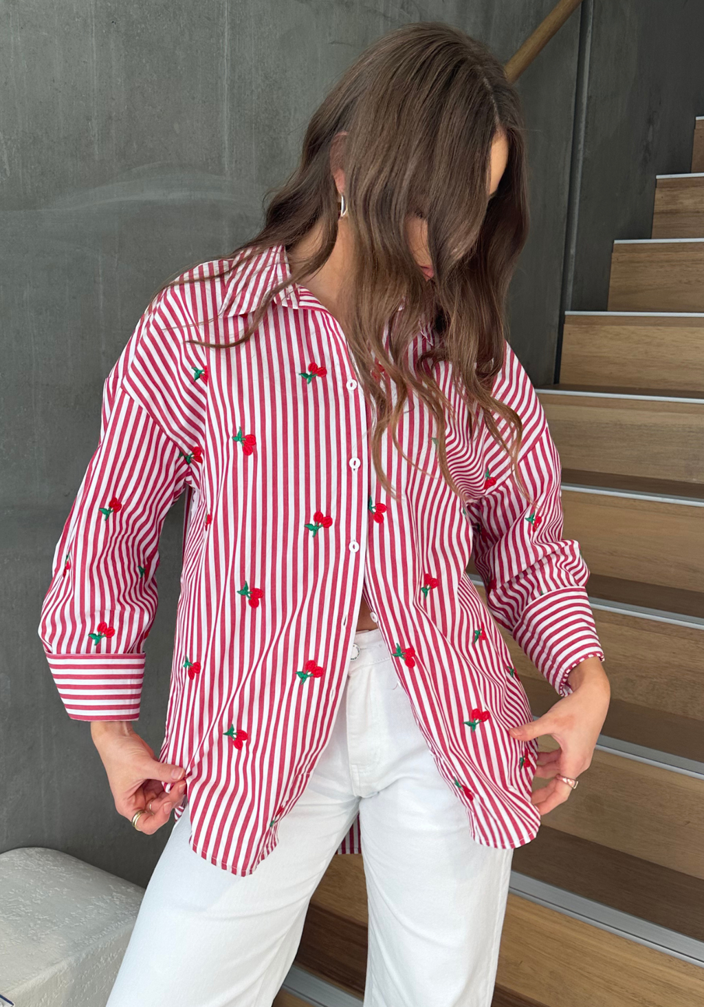 KIMMY BUTTON THROUGH SHIRT - RED STRIPE