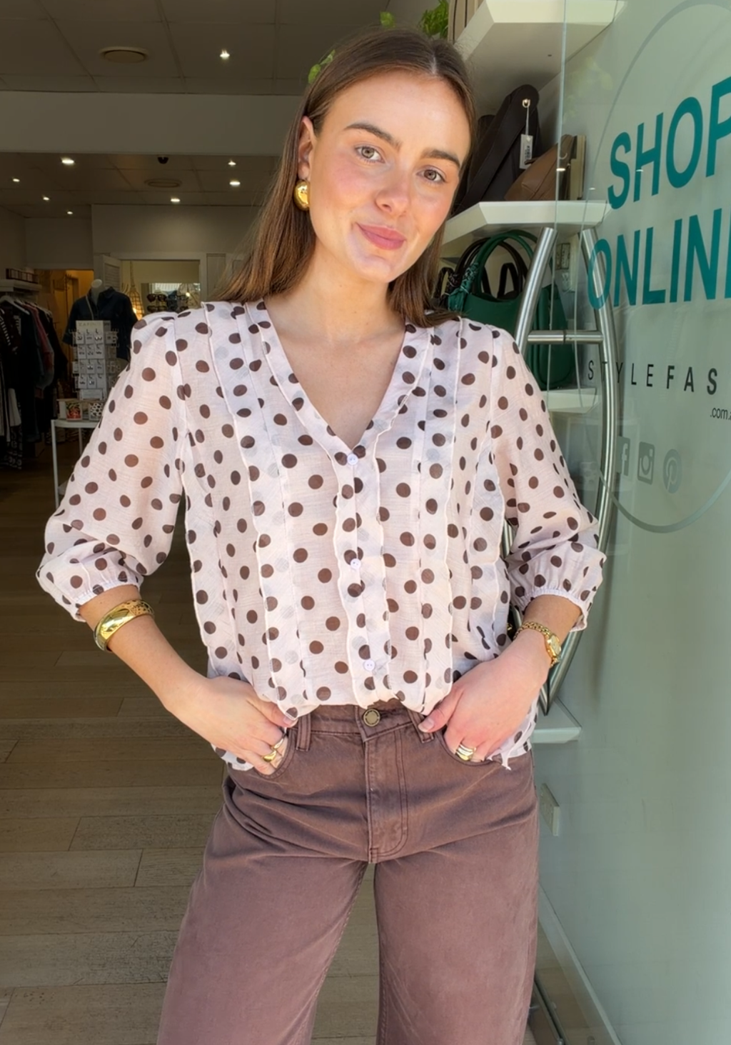 PHOEBE BLOUSE - PINK/ CHOCOLATE SPOT