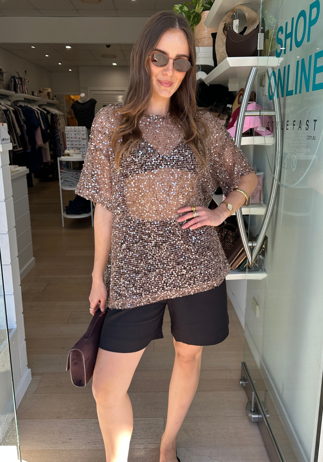 ELSIE SEQUIN TEE - MOCHA