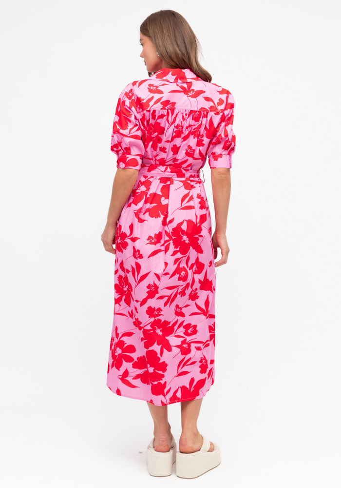 Load image into Gallery viewer, AVERY MIDI SHIRT DRESS - RED &amp; PINK PRINT