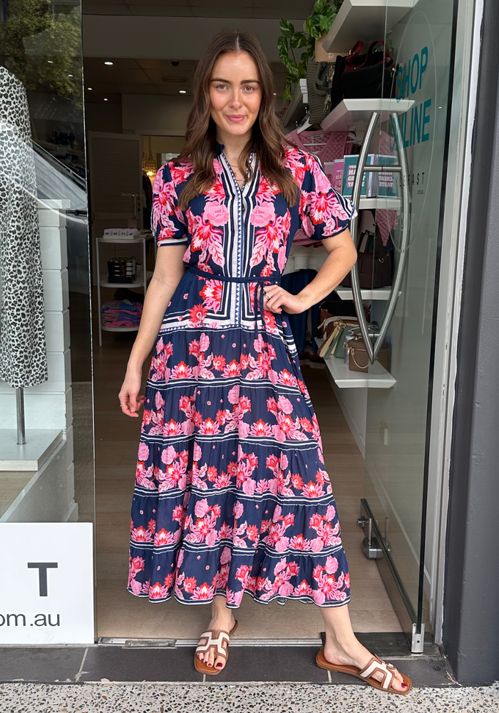 Load image into Gallery viewer, LULASOUL LADERA MIDI DRESS - NAVY PRINT