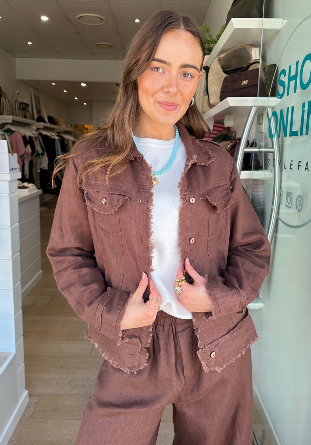 JULIA FRAY EDGE LINEN JACKET - CHOCOLATE