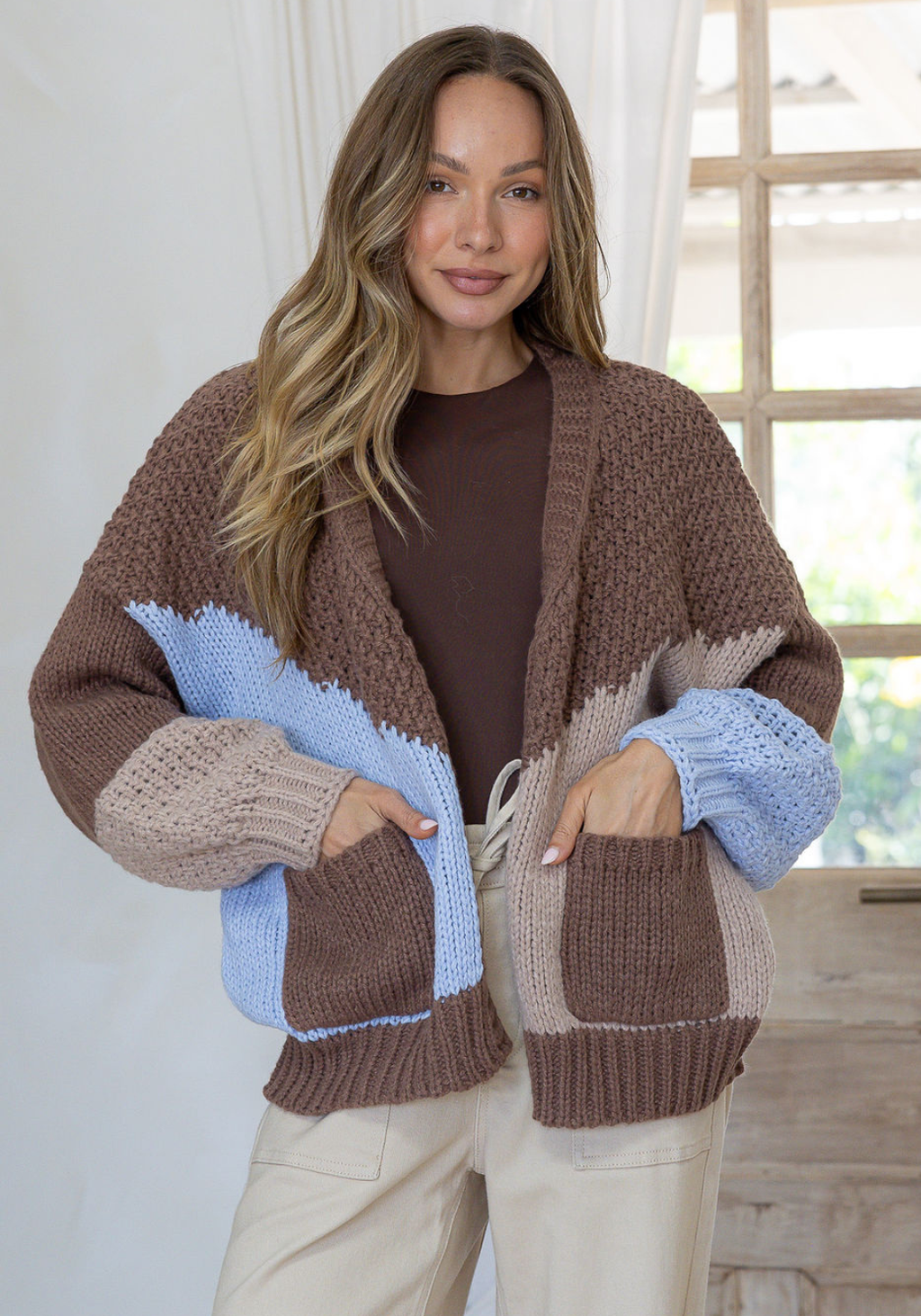 MAEVE KNIT CARDI - CHOC/BLUE