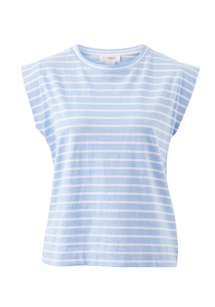 CERES LIFE ESME EXTENDED SHOULDER TEE - BLUE/WHITE STRIPE