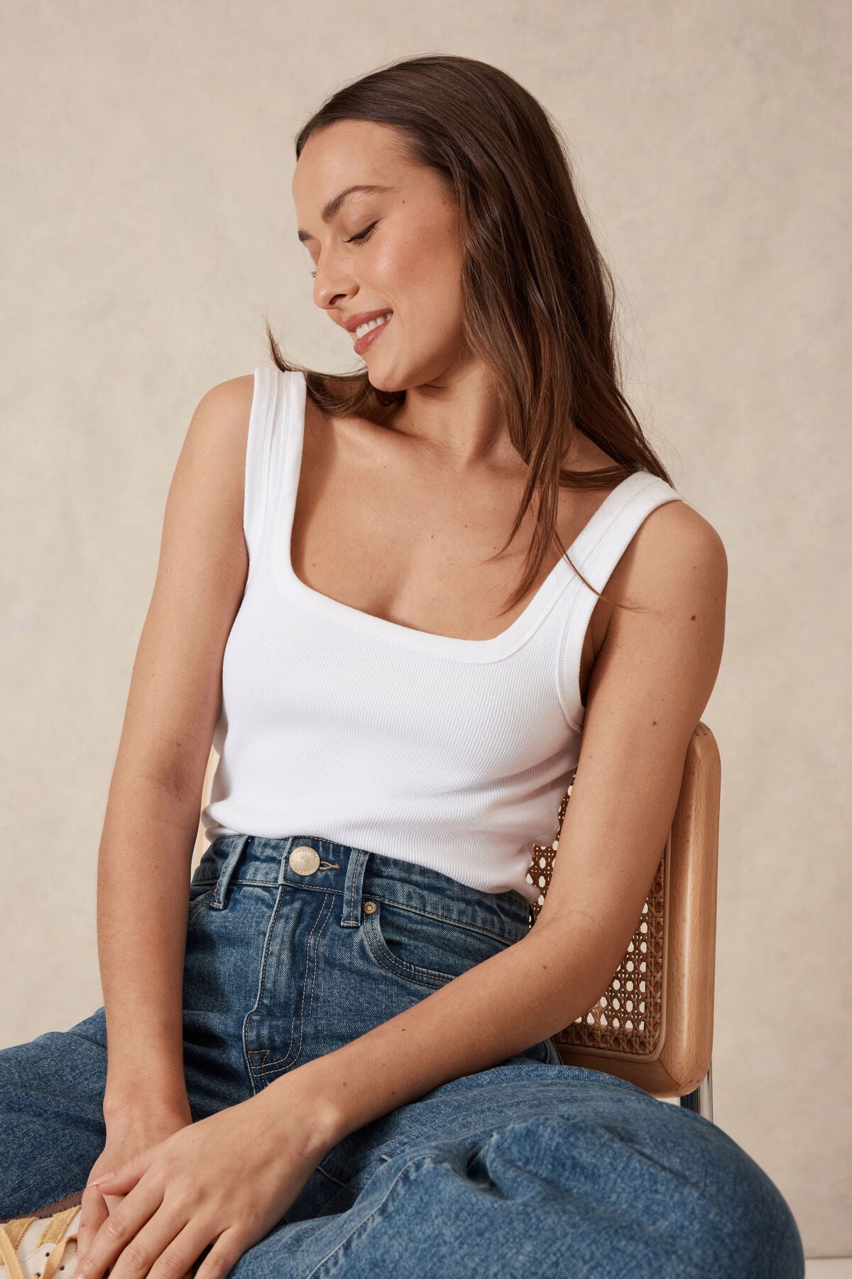 CERES LIFE ZAELI CONTOUR RIB SQAURE NECK TANK - WHITE
