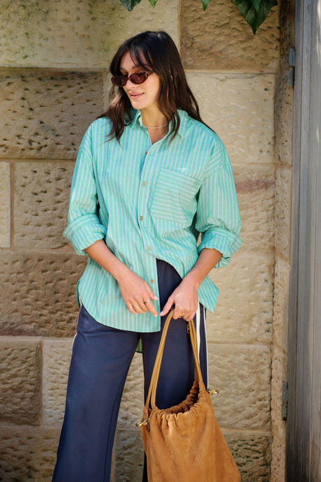 CERES LIFE COTTON PETA OVERSIZED SHIRT - ZESTY GREEN STRIPE