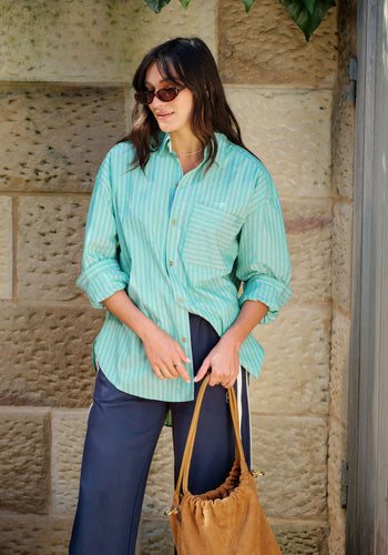 CERES LIFE COTTON PETA OVERSIZED SHIRT - ZESTY GREEN STRIPE