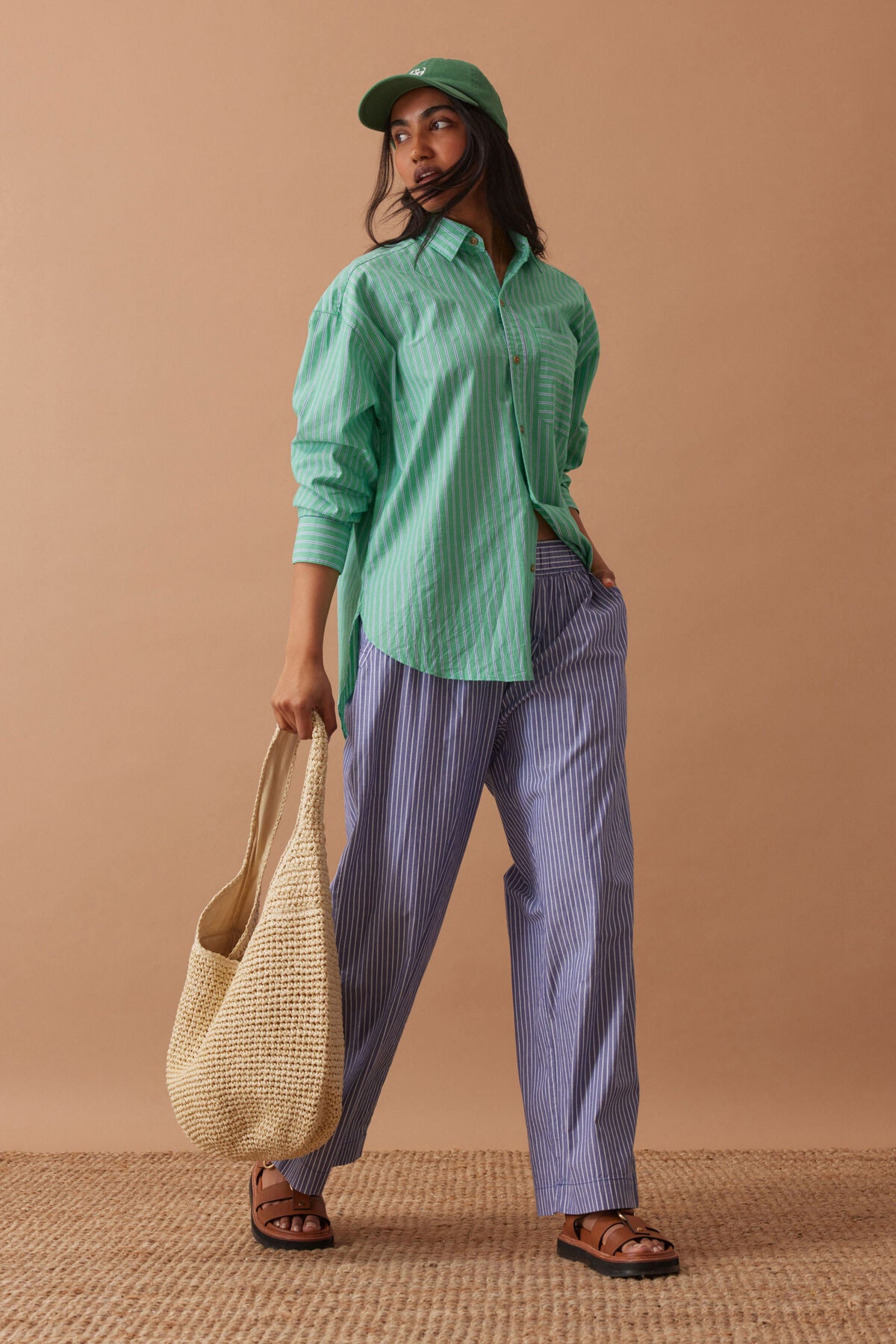 CERES LIFE COTTON PETA OVERSIZED SHIRT - ZESTY GREEN STRIPE